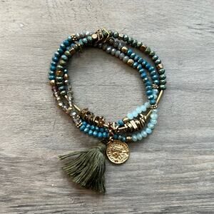Tasseled Charm Bracelet Teal Brown Gold Coin Fashion Costume Boho